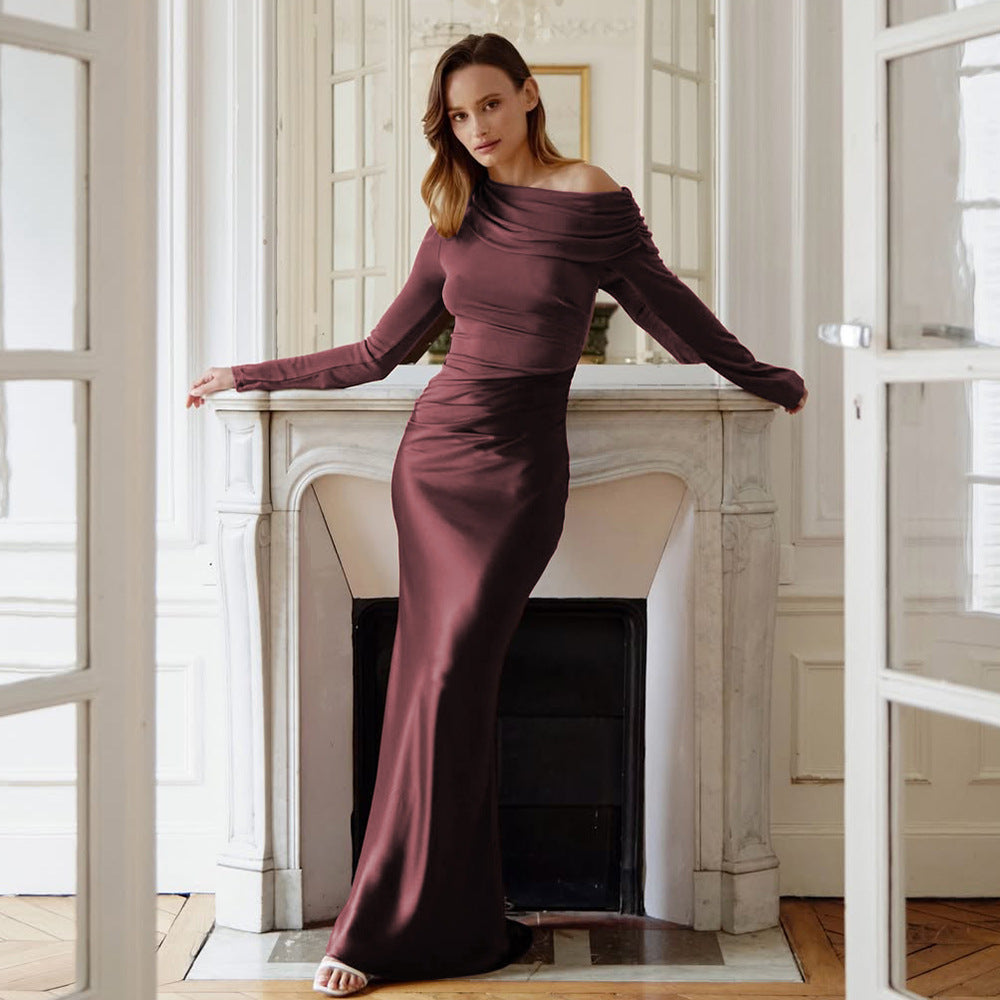 Vêtements pour femmes Mori Adulte Femme élégante Robe formelle Col diagonal Manches longues Coupe ajustée Robe queue de poisson sexy
