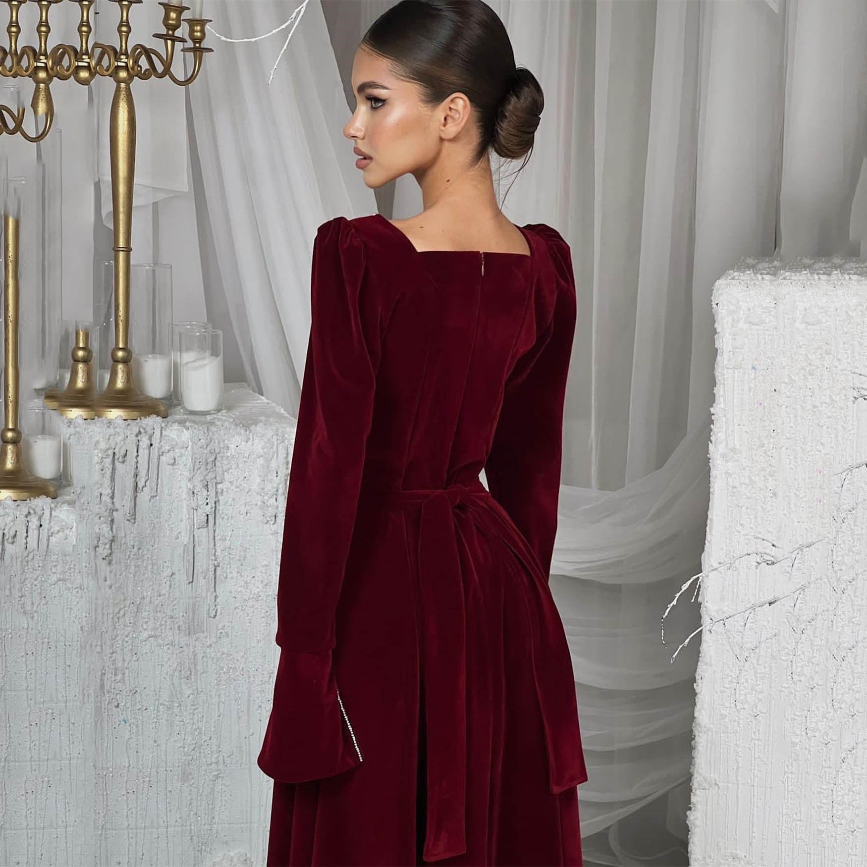 Autumn Winter Party Dress French Ladies Dress Korean Velvet Bell Sleeve Square Collar A line Dress Women