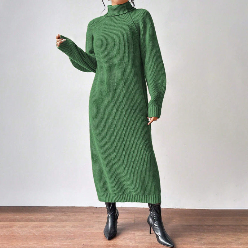 Women Clothing Woolen Pullover High Collar Long Sleeve Knitted Dress Solid Color Long Inner Wear Dress