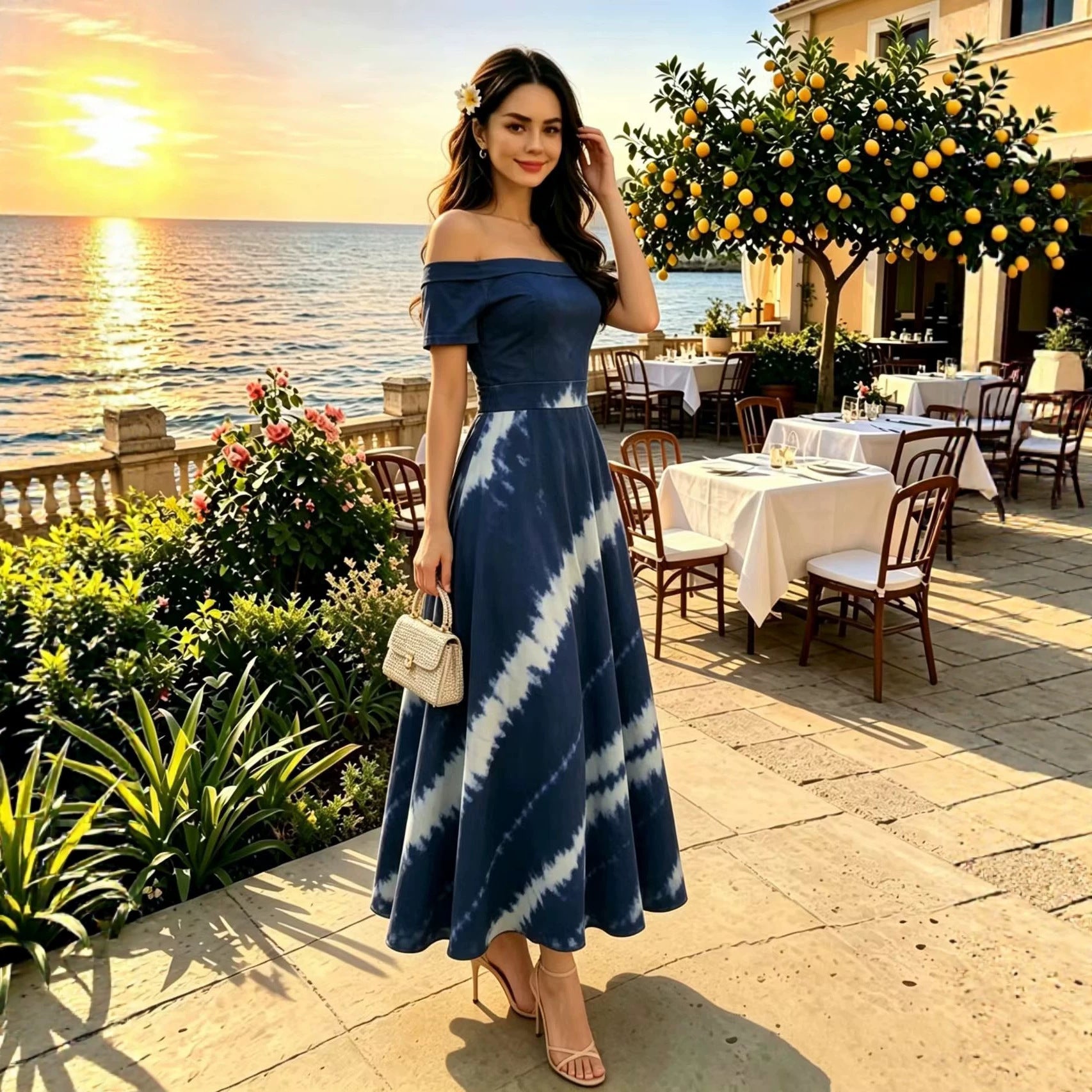 Printed Spring Summer off Shoulder Elegant Short Sleeve Slim Women Dress
