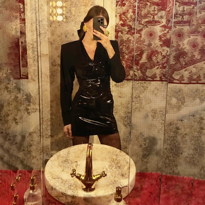 Women Clothing Autumn Winter Elegant Glossy V neck Patchwork Tight Waist Sheath Long Sleeve Dress