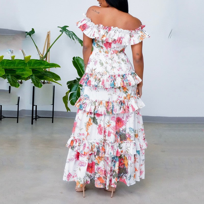 Robe longue d'été imprimée à volants, col rond et manches longues pour femme