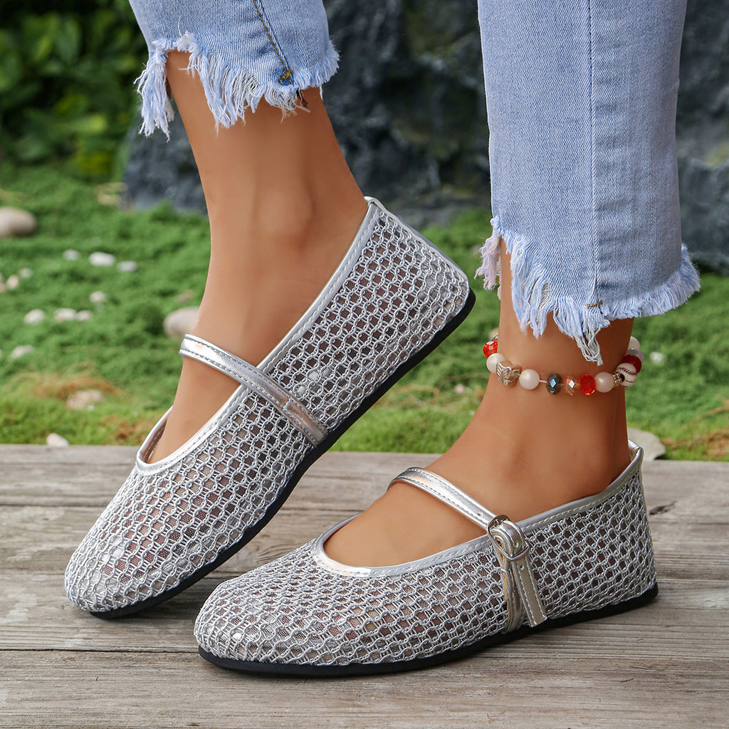 Fishnet Hollow Out Cutout out Ballet Shoes Women Summer Flat Belt Buckle Breathable Shoes