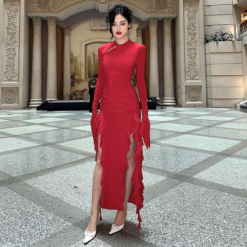 Autumn Socialite Slim Fit Ruffled Split Long Sleeve Sexy Dress