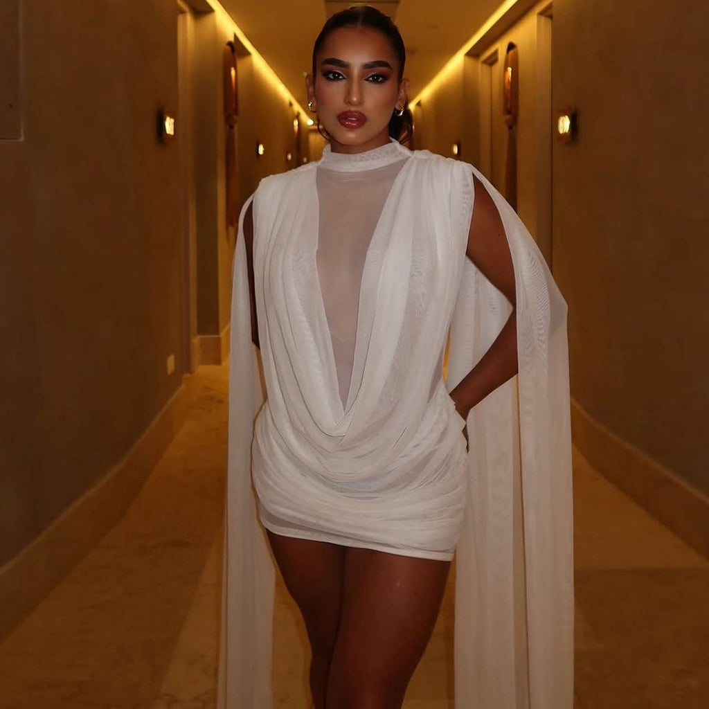 Autumn Winter Women Half Turtleneck Double Layer Stitching Mesh Ribbon Hip Wrapped Sexy Dress