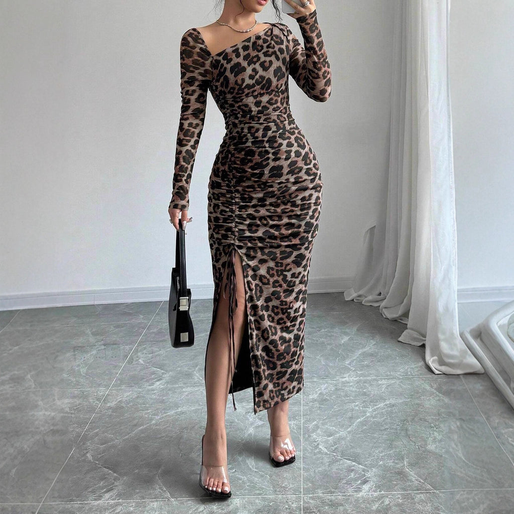 Robe imprimée léopard automne-hiver sexy, coupe ajustée, manches longues, sous-vêtements pour le bureau