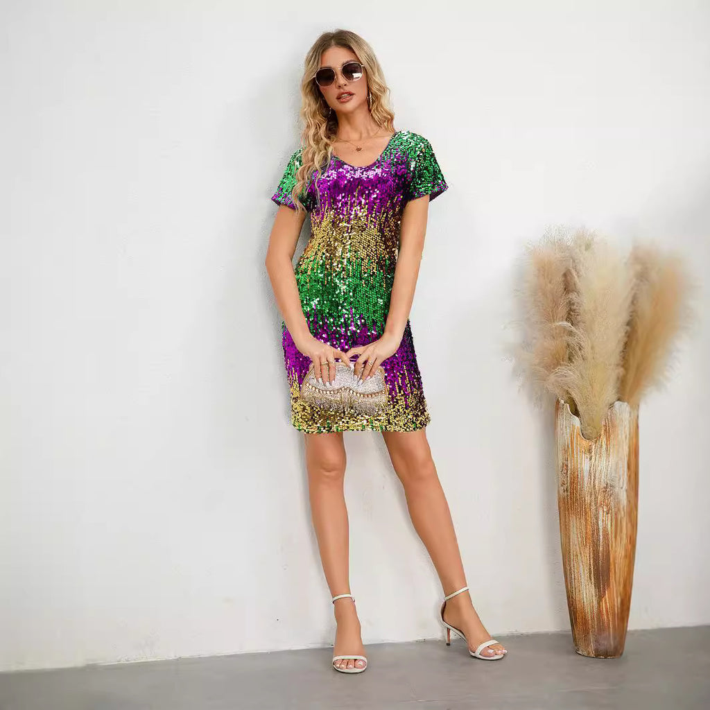 Robe de soirée sexy à sequins dégradés, col V et dos nu