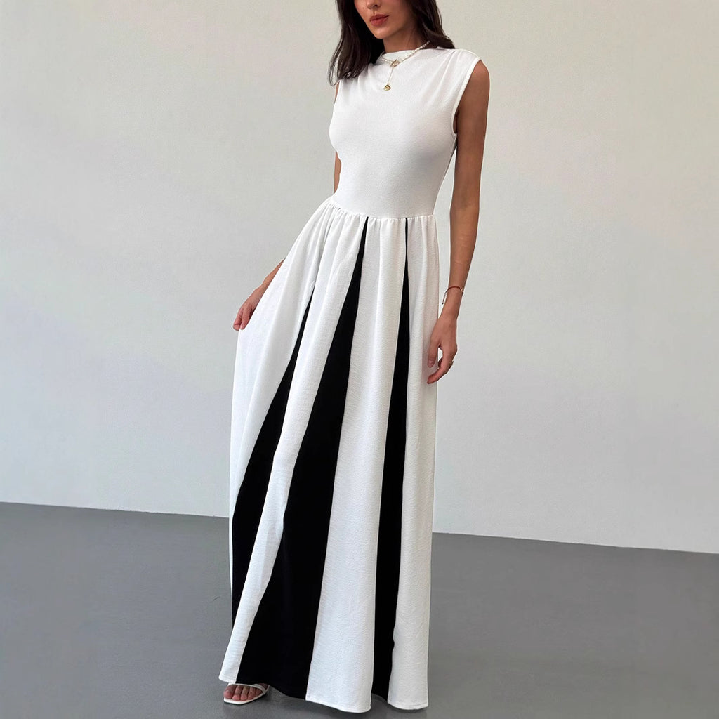 Robe de soirée élégante à col rond, sans manches et à taille contrastée, patchwork, robe femme