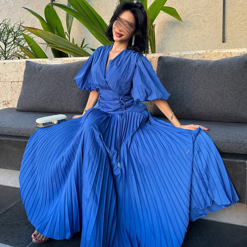 French Personalized Puff Sleeve Design V neck High Waist Tight Waist Design Maxi Dress Autumn Solid Color Women Dress