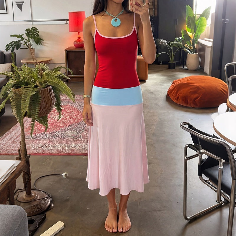 Summer Women Clothing Slim Fit Trend Sexy Color Block Strap Low Collar Dress for Women