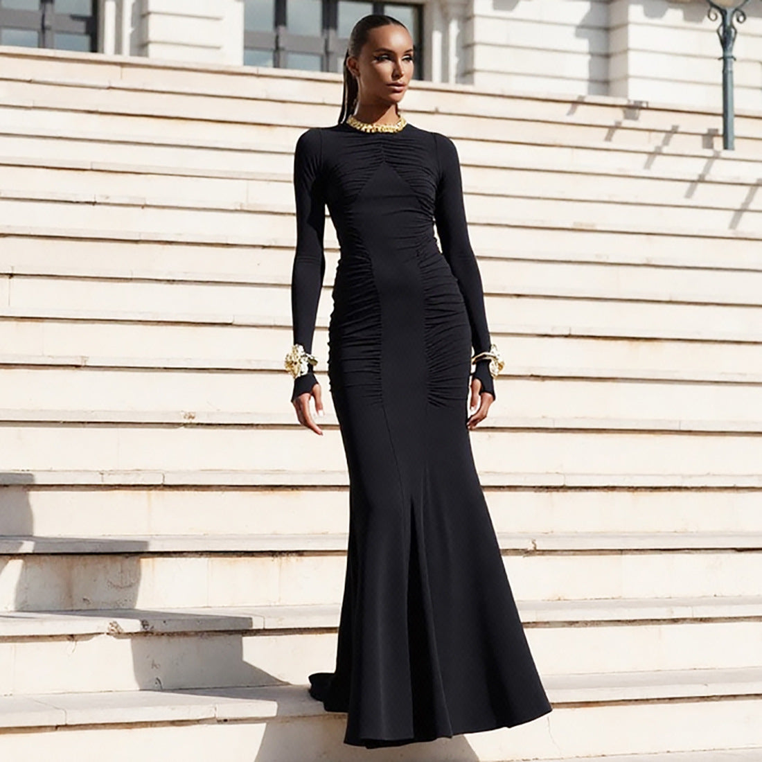 Vestido elegante de otoño para mujer, estilo francés, con cuello redondo y manga larga, ajustado y favorecedor.
