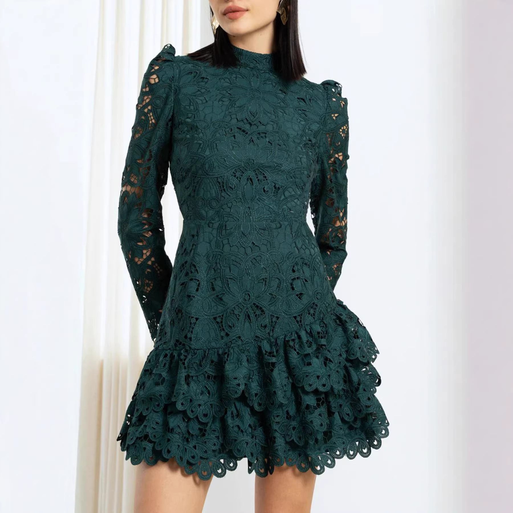 Stand Collar Long Sleeve Embroidered Floral Mesh Short Dress Hollow Out Cutout Three Dimensional Floral Lace Dress
