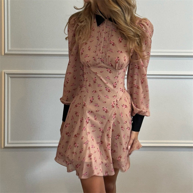 Robe française pour femme, imprimée en contraste de couleurs, plissée, col, manches longues, taille haute, coupe trapèze