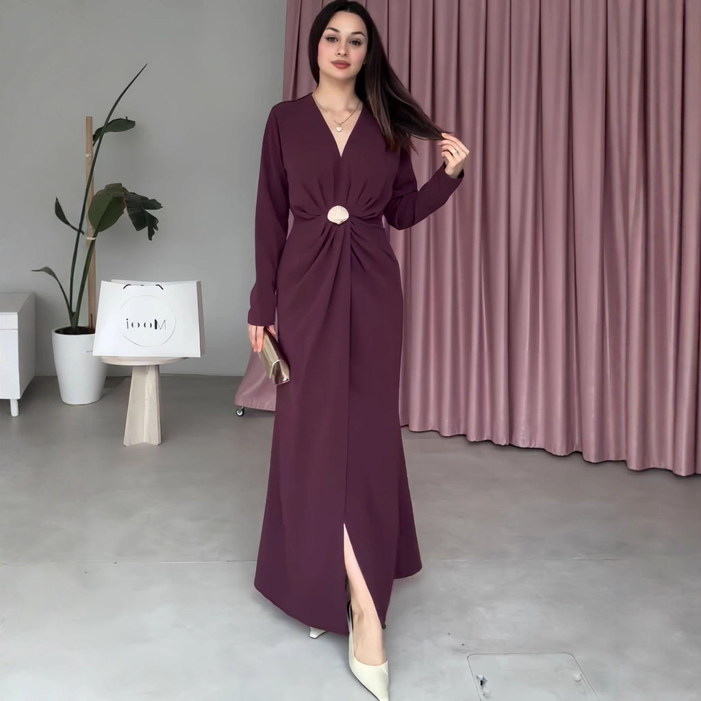 Vestido plisado de otoño con escote en V, manga larga y cintura controlada para mujer
