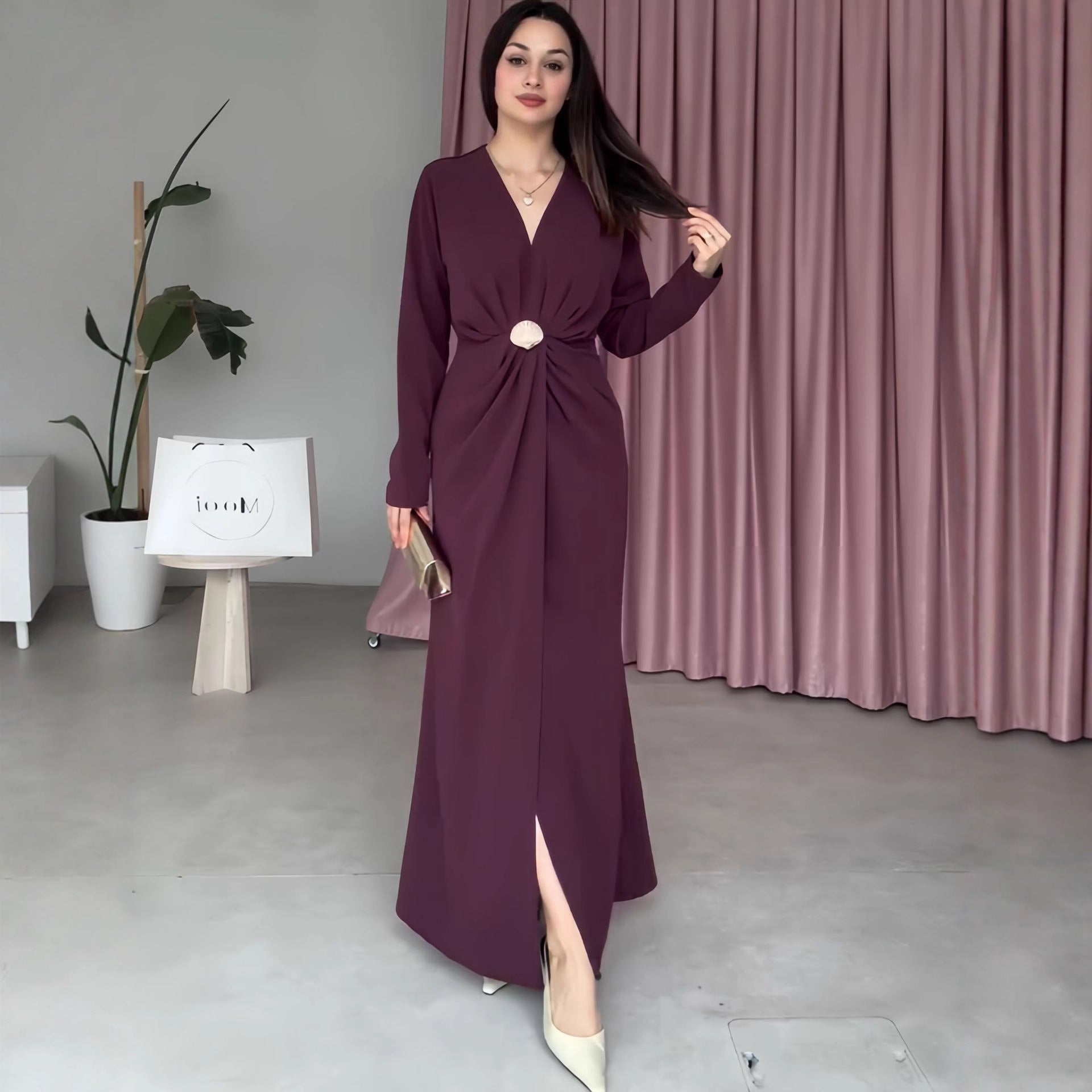 Vestido plisado de otoño con escote en V, manga larga y cintura controlada para mujer