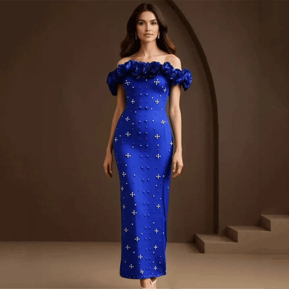 Sexy off Shoulder Beads Rhinestones Bandage One Piece Dress Applique Party Gathering Evening Dress