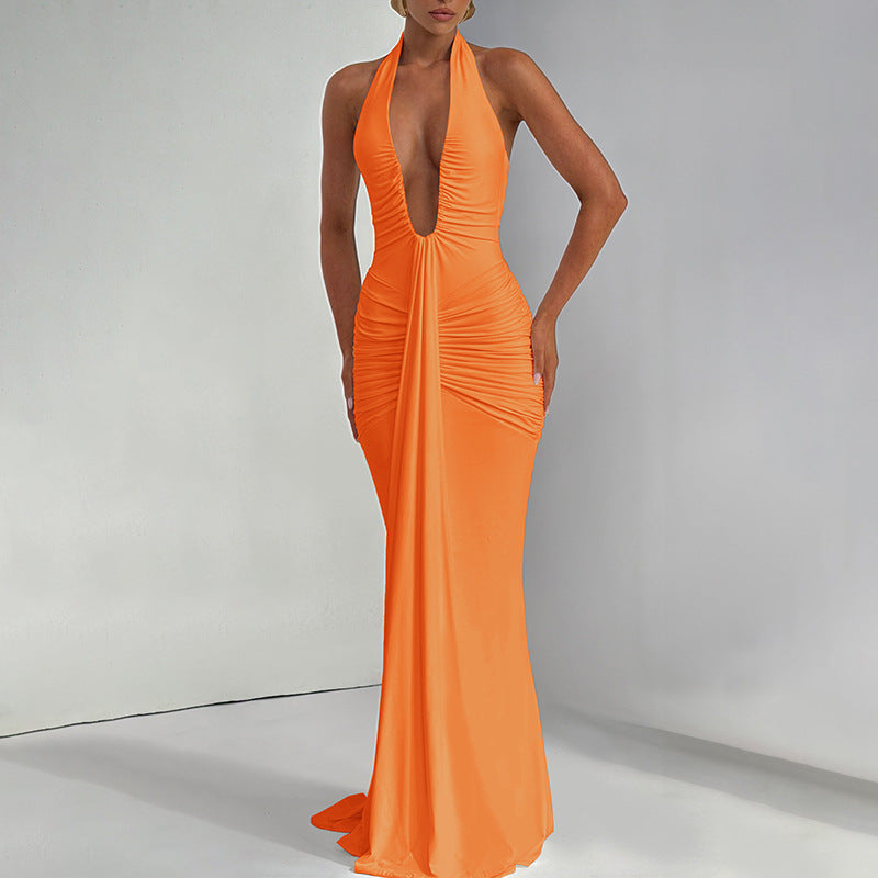 Robe élégante et sexy à décolleté plongeant en V et dos nu plissée pour femme, printemps-été