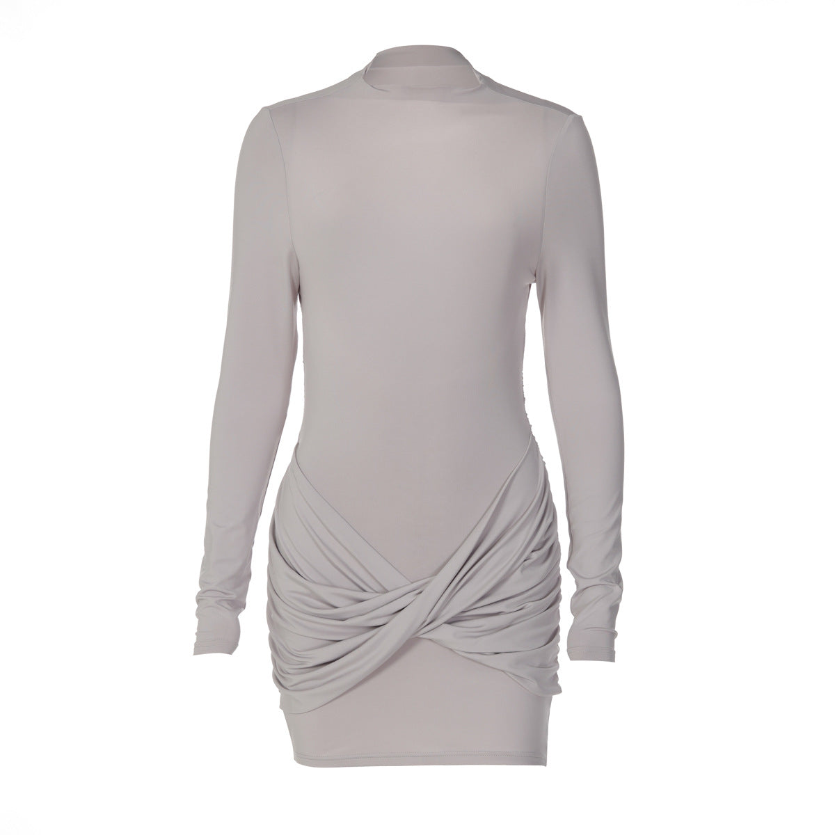 Robe femme unie à manches longues, col rond, plissée, coupe ajustée et dos nu