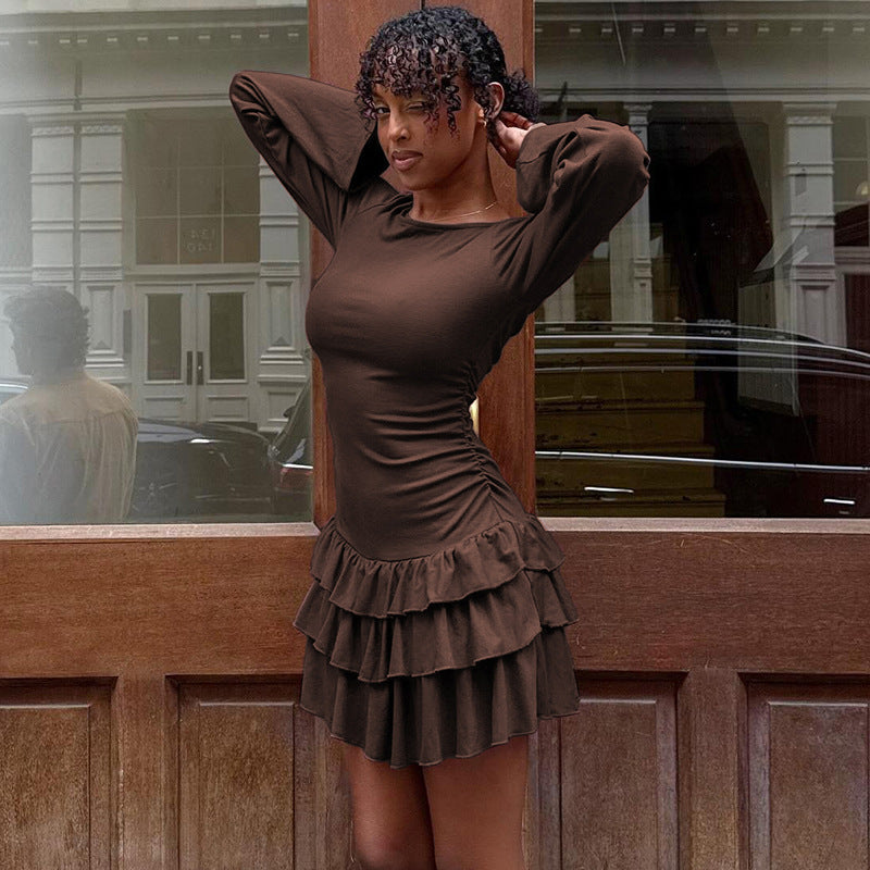 Robe d'été sexy unie à manches longues en dentelle, coupe ajustée, couleur unie