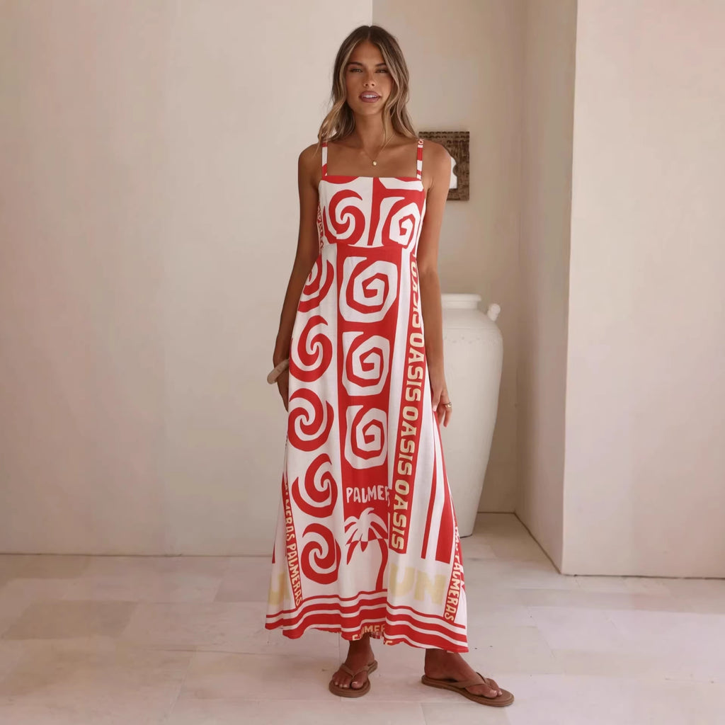 Vestido camisero de verano con estampado geométrico abstracto y vuelo grande para mujer