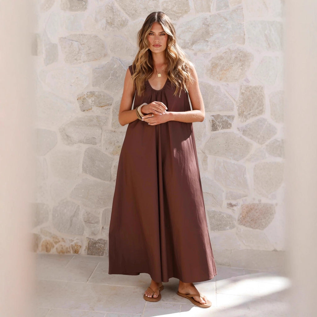 Robe longue unie printemps-été pour femme, col rond, coupe trapèze, robe simple et élégante, robe longue sans manches