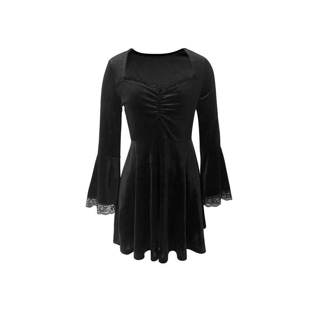 Robe élégante d'automne-hiver pour femme, en velours noir vintage français, courte, col carré en dentelle, poignets évasés et surpiqûres.