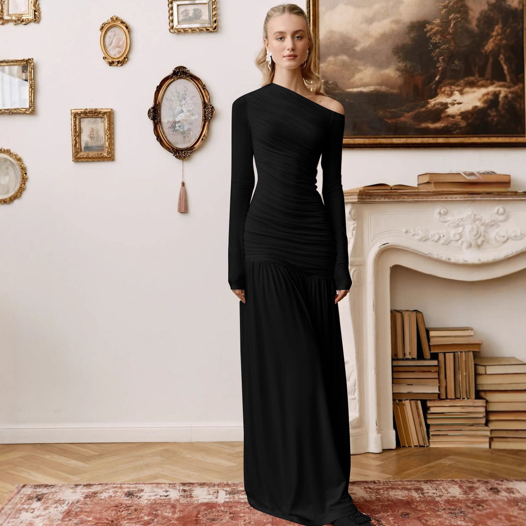 Women Clothing Autumn Solid Color One Shoulder Cold Shoulder Long Sleeve Stitching Dress