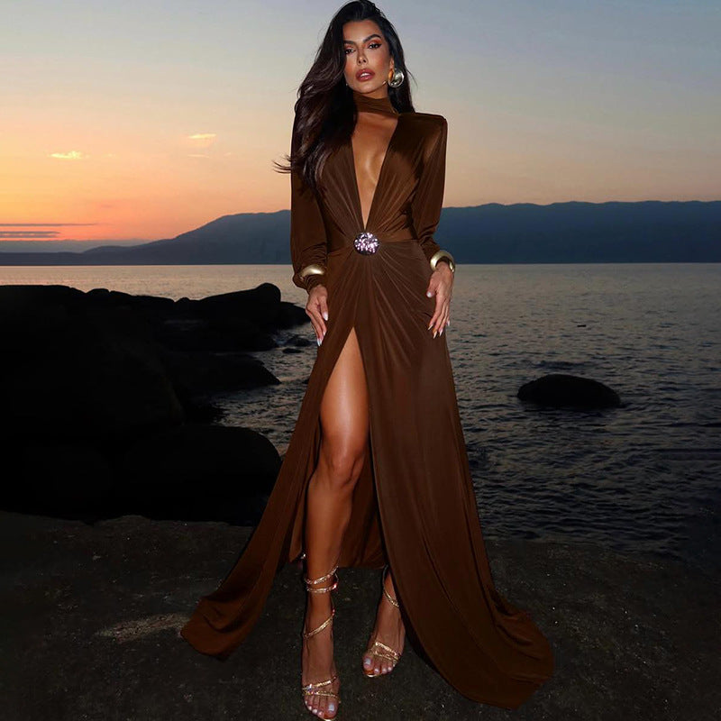 Vestido elegante de otoño para mujer, sexy, con escote en V profundo, corte entallado y abertura de manga larga.