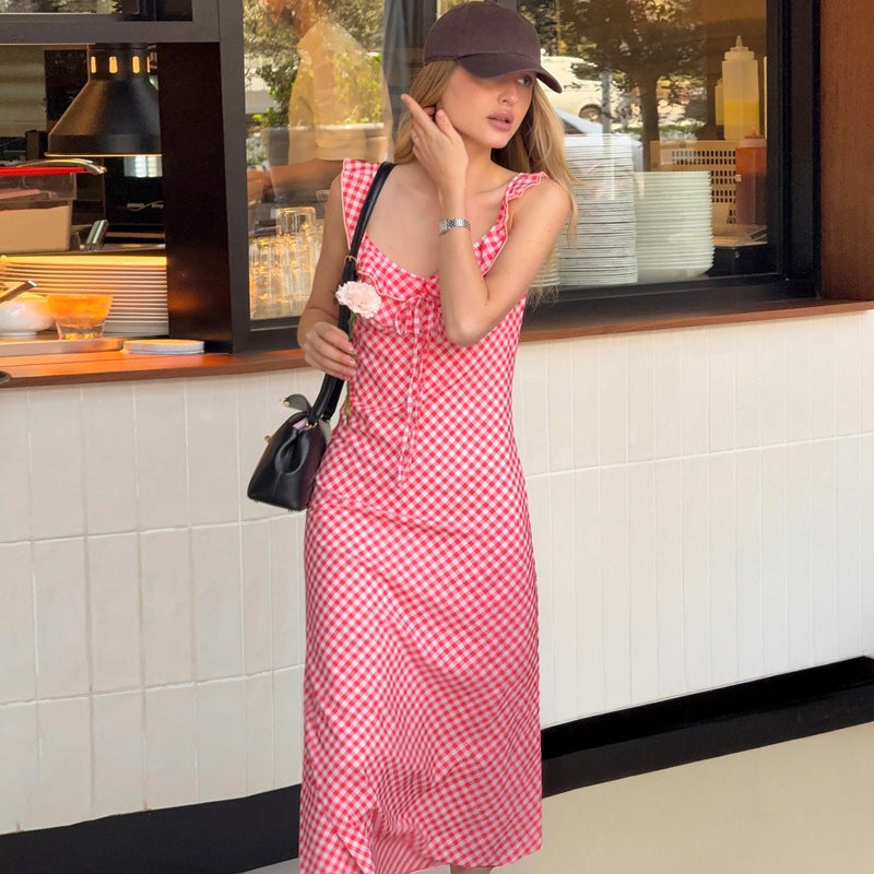 Vestido maxi de vacaciones con tirantes a cuadros y escote en V sexy de verano francés