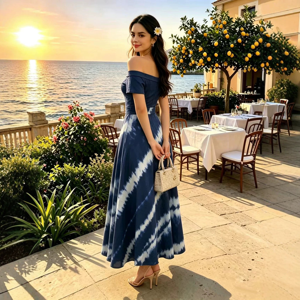 Printed Spring Summer off Shoulder Elegant Short Sleeve Slim Women Dress