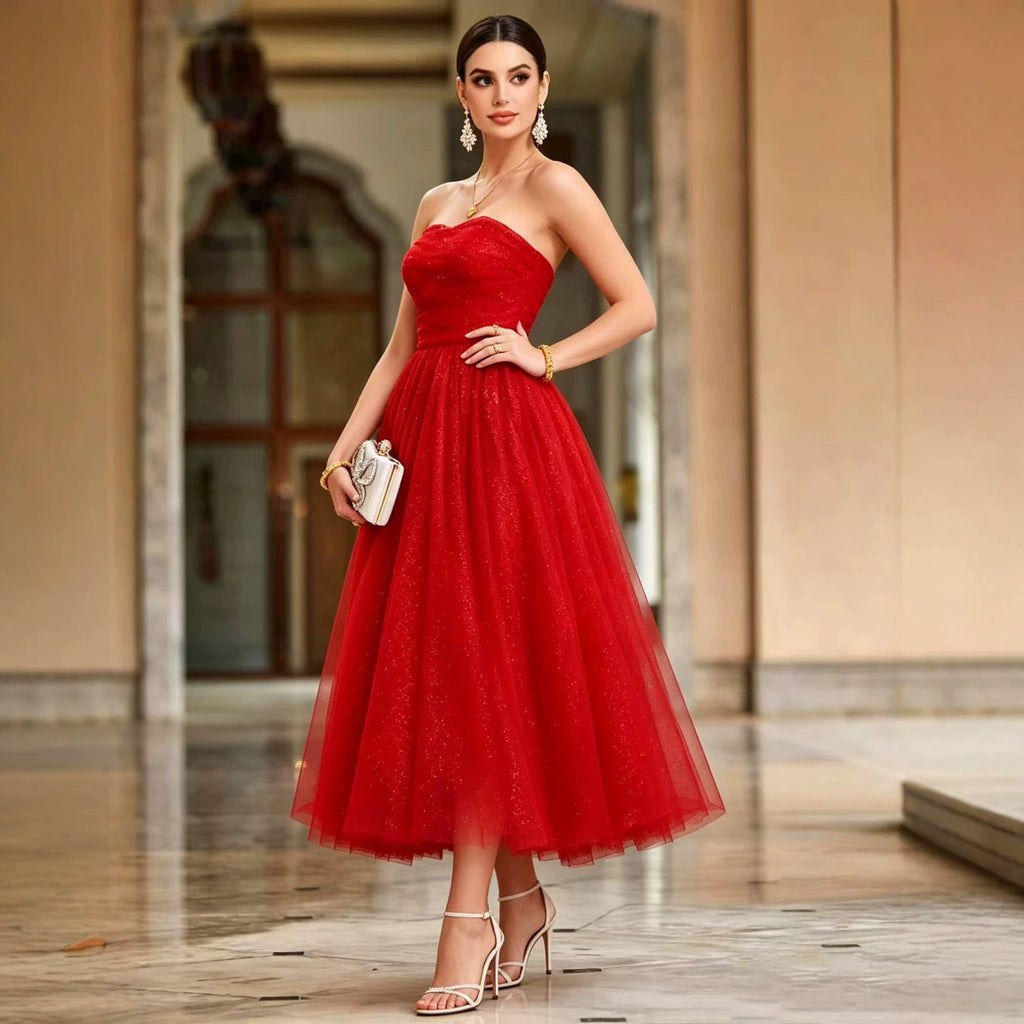 French off Shoulder Red Toast Dress Evening Gown