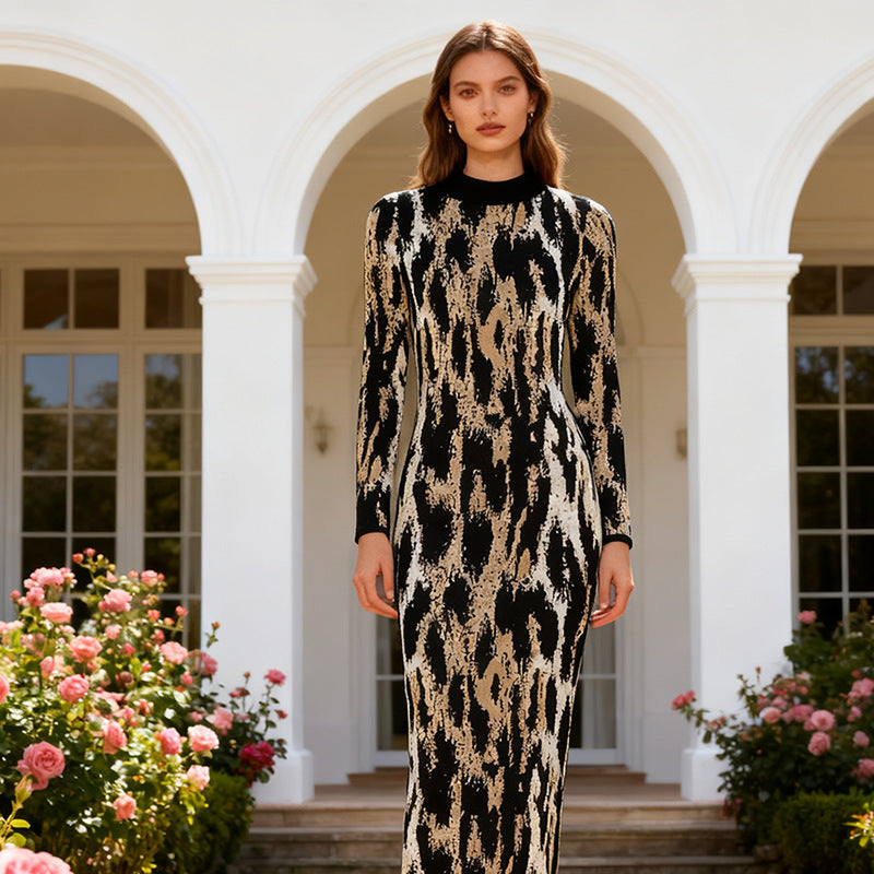 Spring Sexy Sexy Trendy Waist Slimming Leopard Print Turtleneck Sheath Dress Women