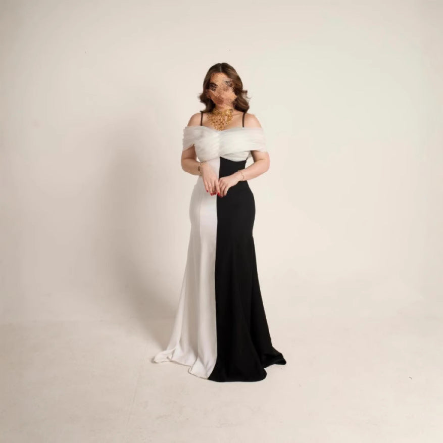 Spring Summer Women Strap Color Matching Pleated Slim Elegance Retro Dress