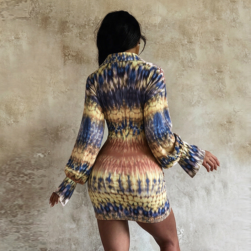 Sexy Print Dress Sexy V neck Long Sleeve Narrow Cinched Short Dress