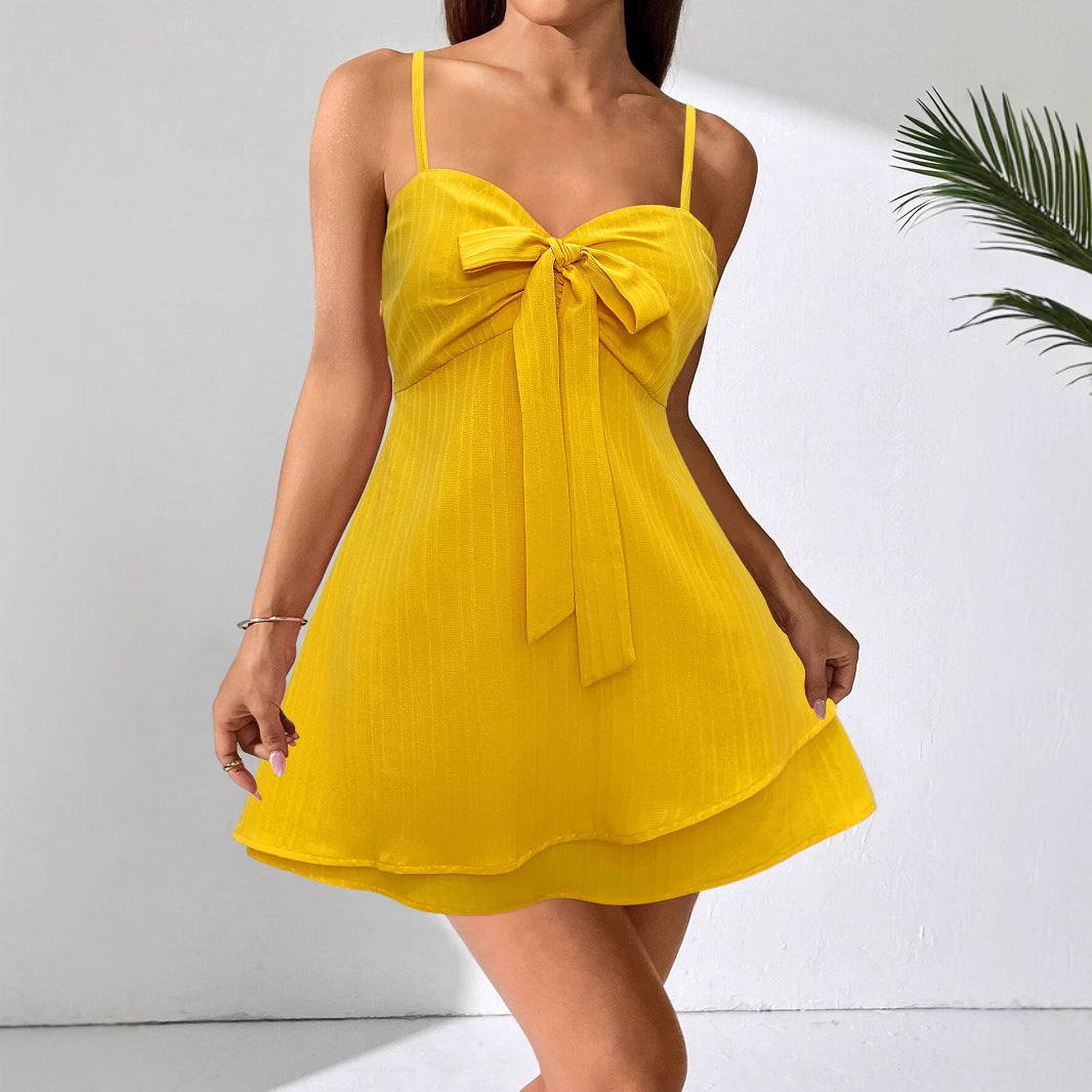 Bow Beach Dress Beautiful Seaside Solid Color Holiday Short Mini Dress Summer