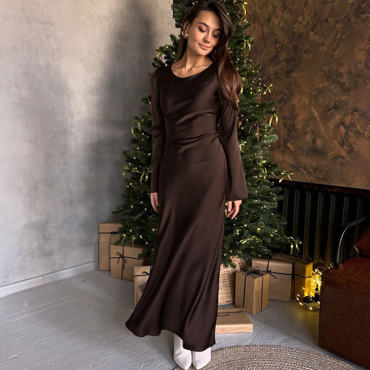 Satin Round Neck Long Sleeved Dress Women Clothing Autumn Elegant Sheath Dress