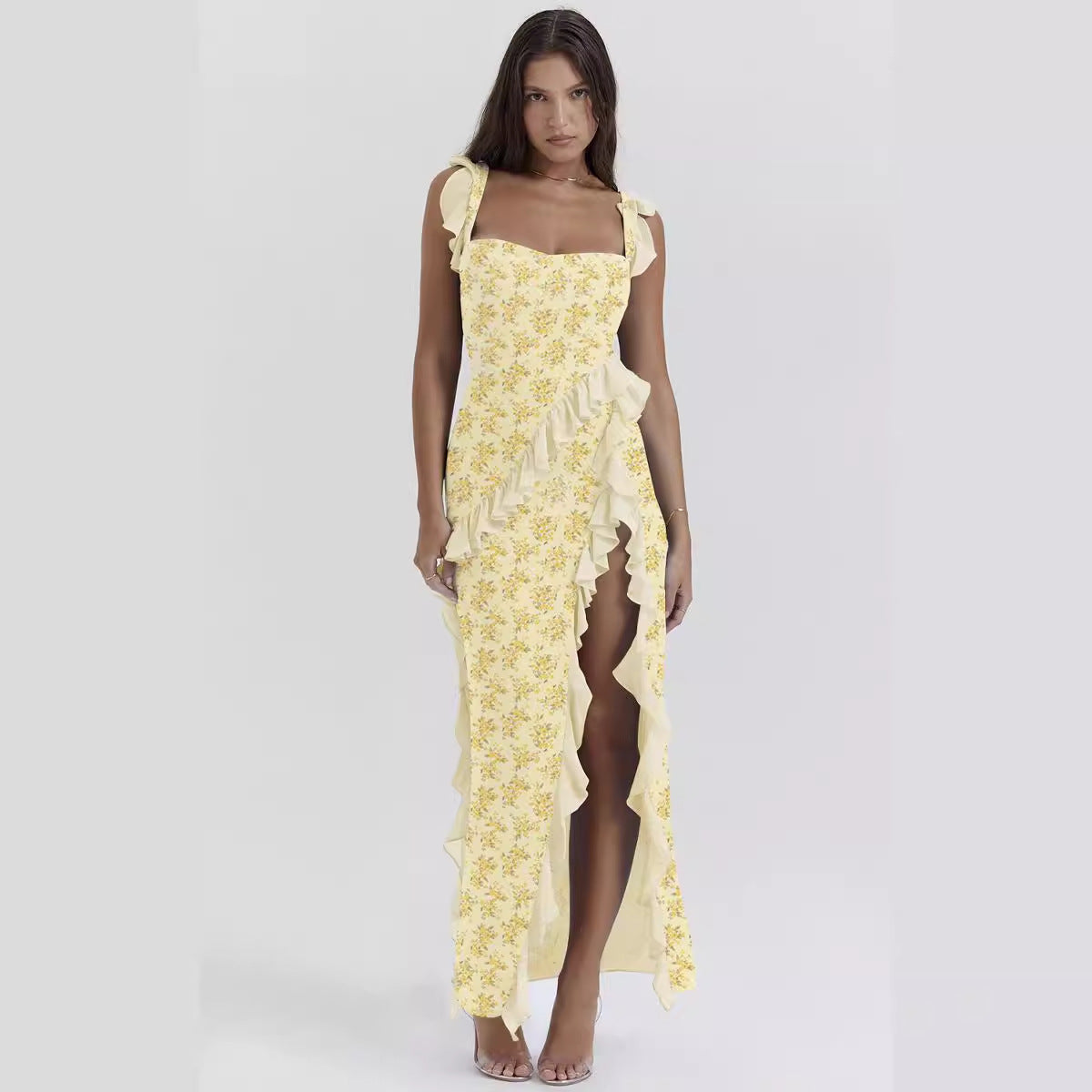 Summer French Strap Wooden Ear Sexy Split Printing Dress