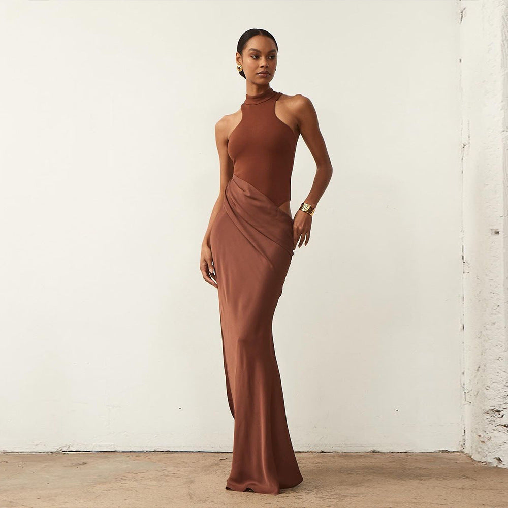 Vestido de mujer con cuello redondo, sin mangas, ajustado, con parches, maxivestido ahuecado