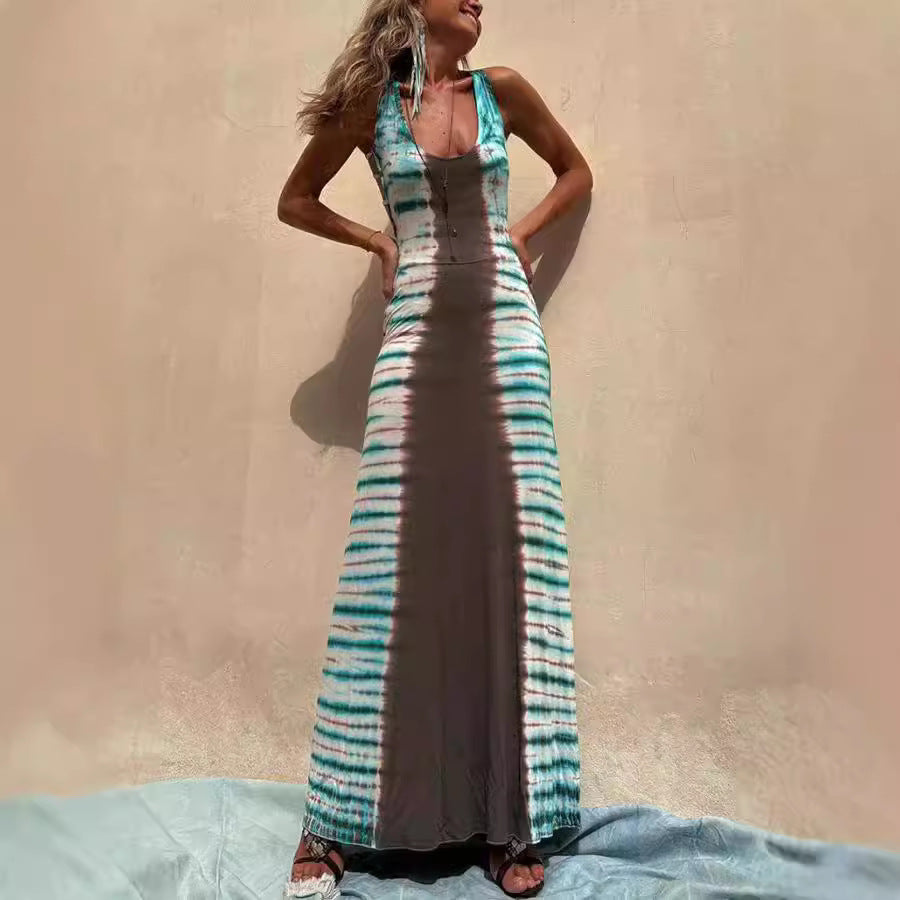 Dress Positioning Printing Backless Lace Up Sexy Dress