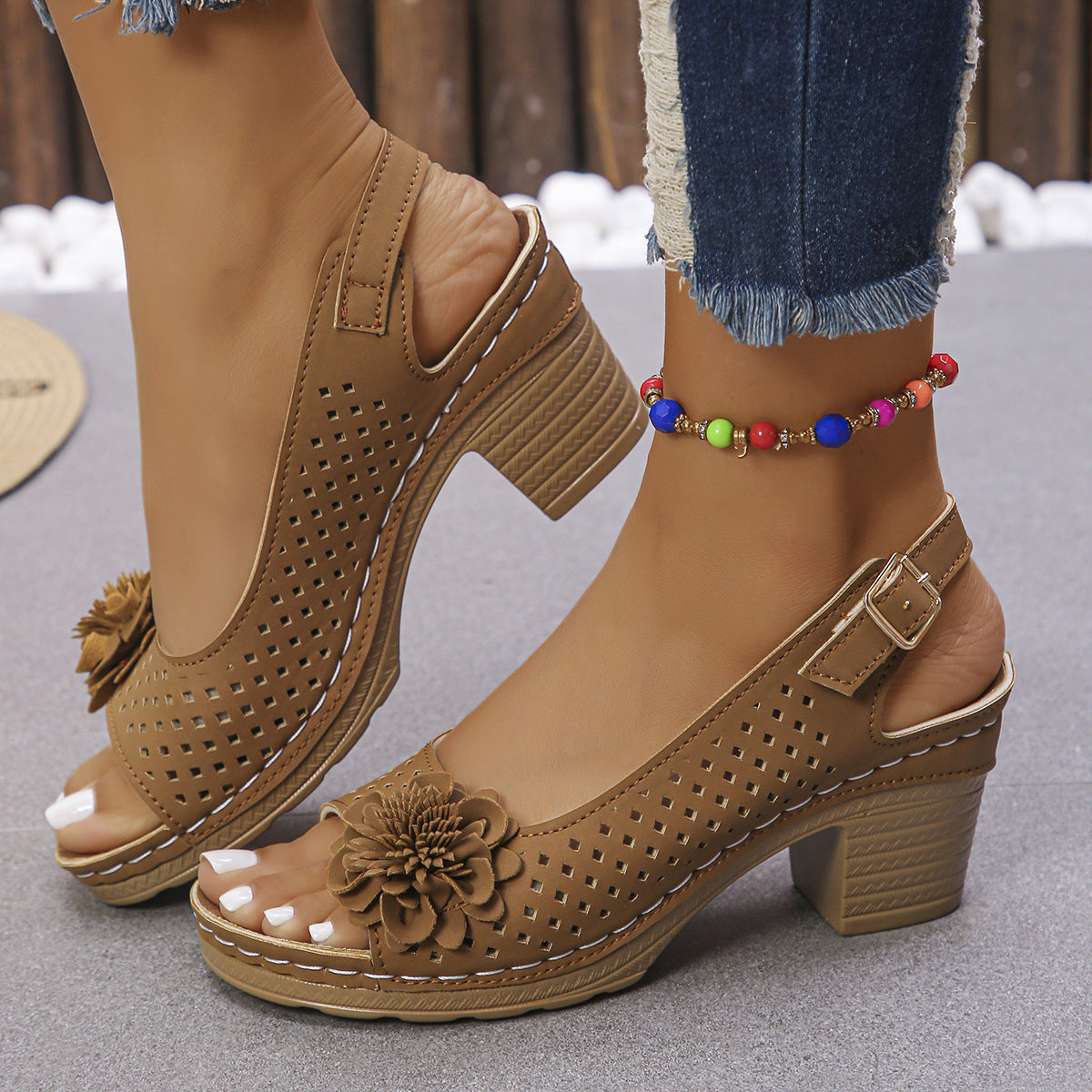 Hollow Out Cutout out Floral High Heel Peep Toe Sandals Women Chunky Heel Buckle Back Empty Sandals