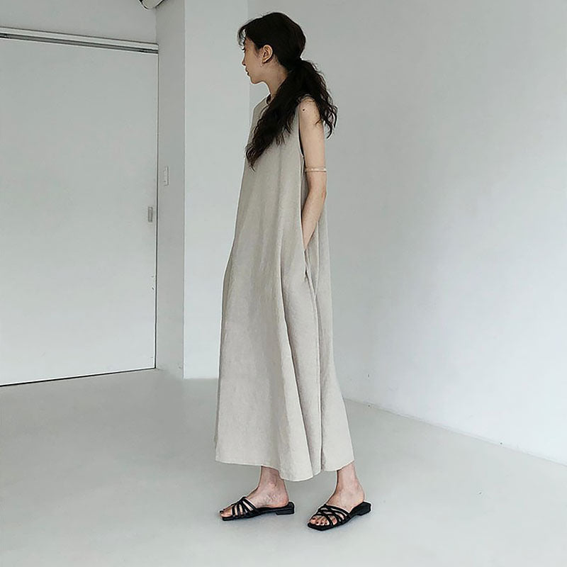 Cotton A line Loose Korean Dress Casual Minority All Match Solid Color Sleeveless round Neck Dress Women Clothing