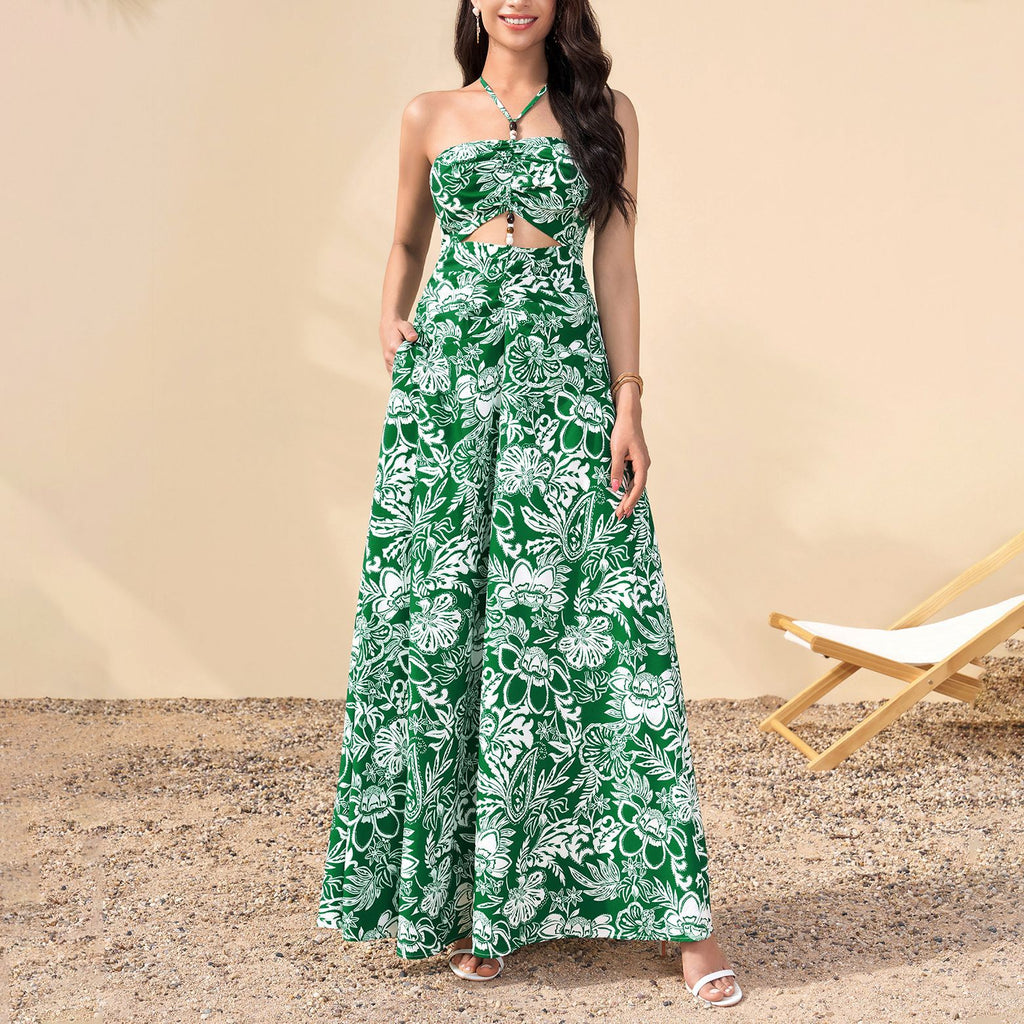 Summer Printed Halter Dress Sexy Sexy Backless Hollow Out Cutout out Cinched Vacation Maxi Dress
