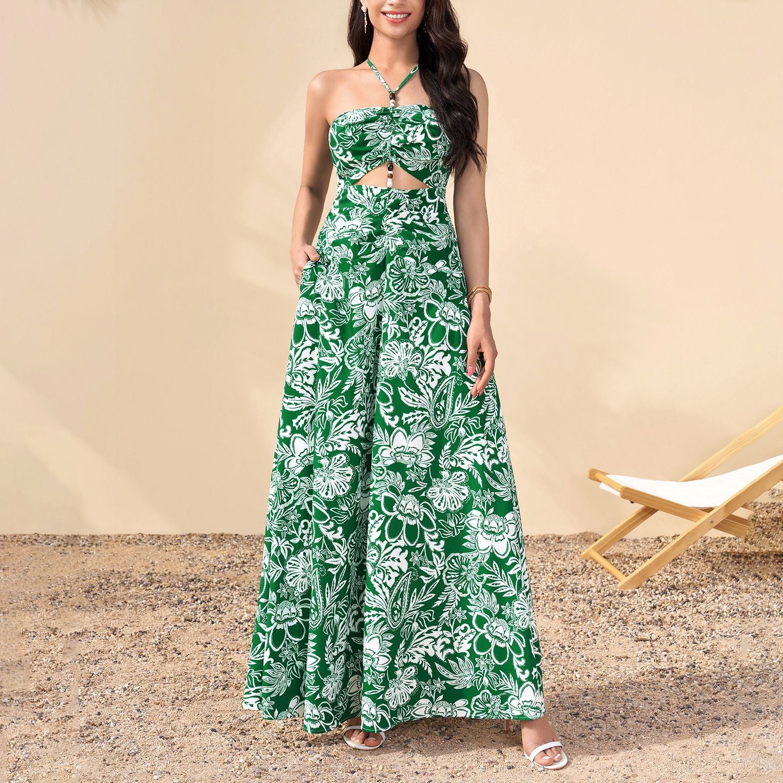 Summer Printed Halter Dress Sexy Sexy Backless Hollow Out Cutout out Cinched Vacation Maxi Dress
