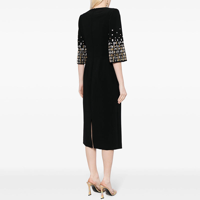 Autumn Winter Heavy Industry Beads Diamond Five Quarter Sleeve Mid Length Dress