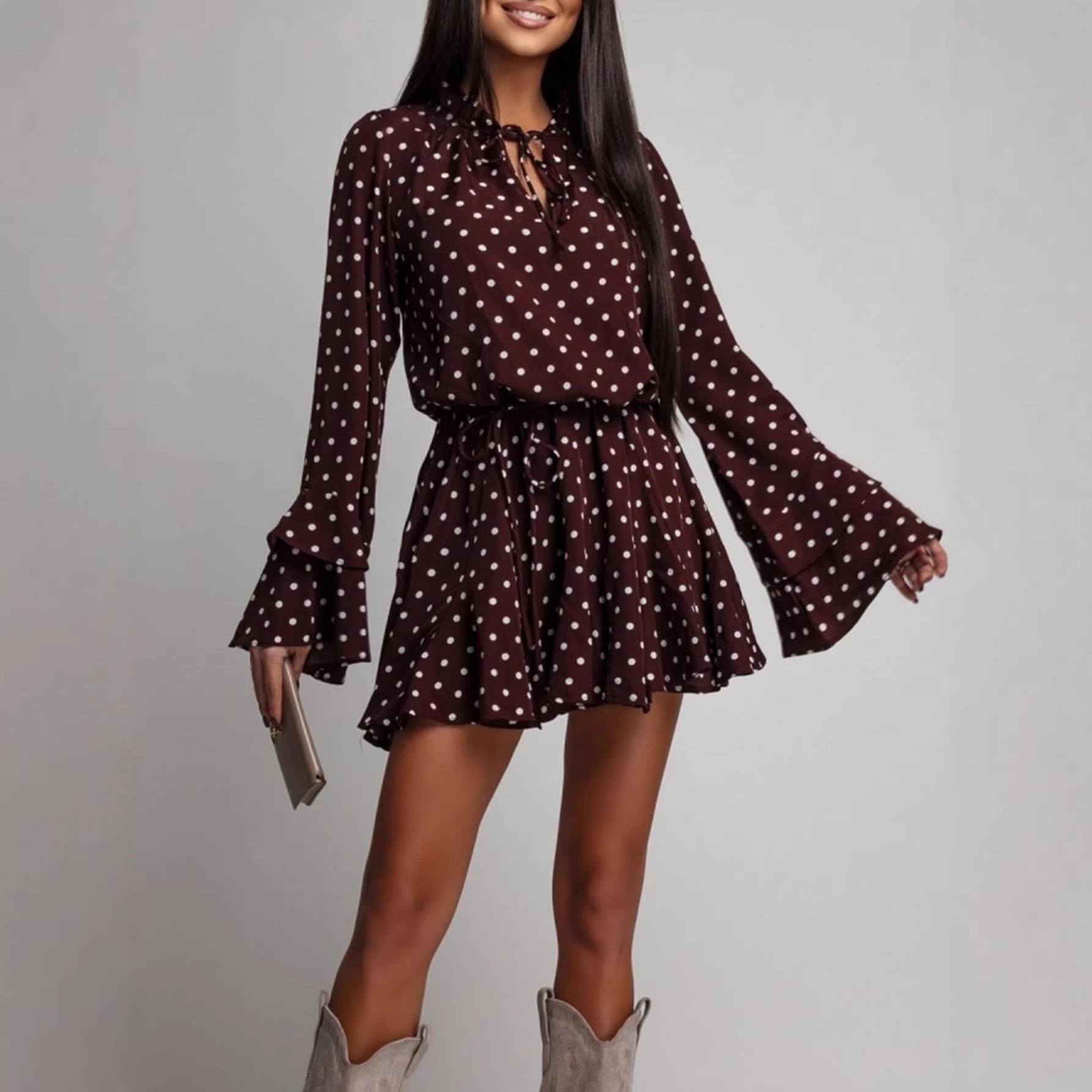 Women Polka Dot V neck Long Sleeve Dress