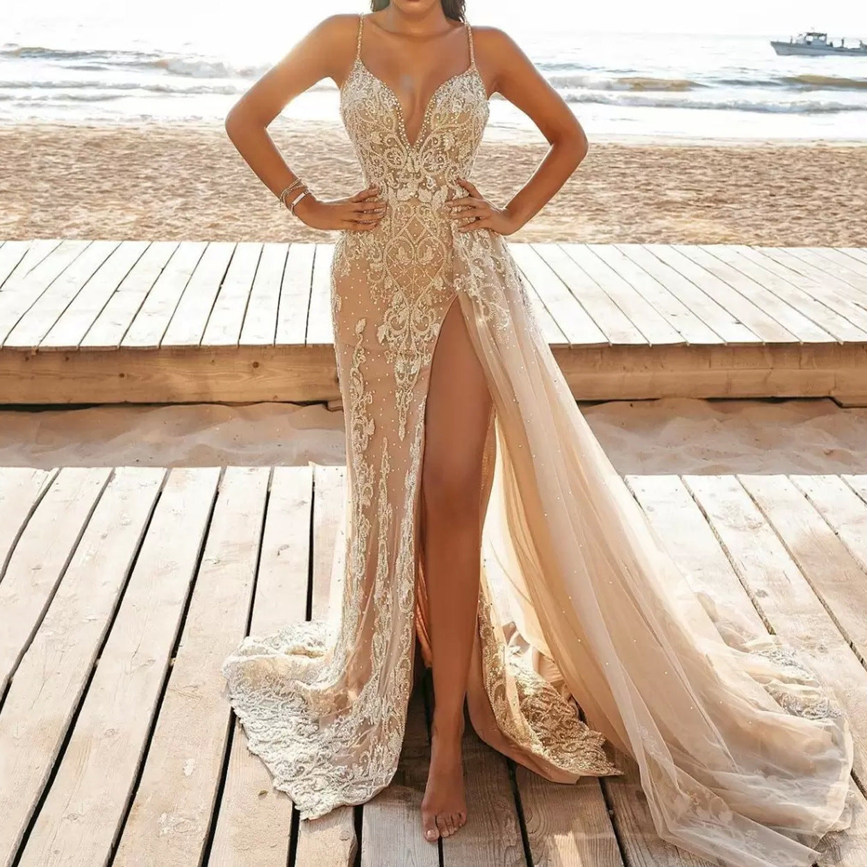 Vestido de verano para mujer, tirantes finos, sin mangas, de malla, con aberturas, maxivestido
