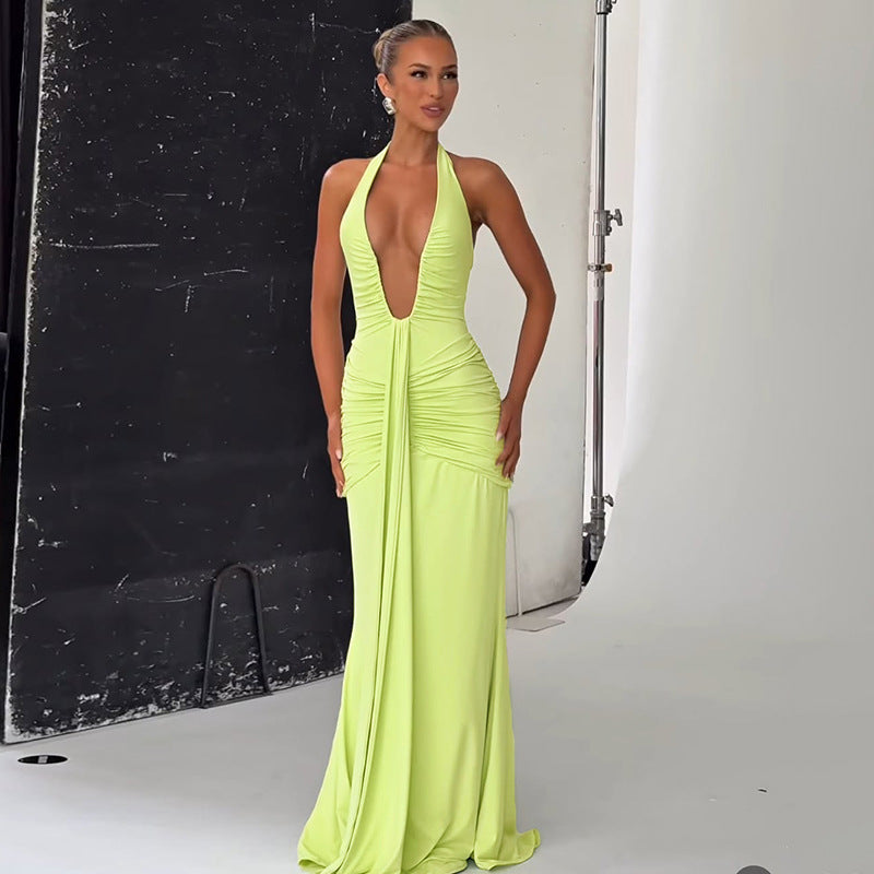 Robe élégante et sexy à décolleté plongeant en V et dos nu plissée pour femme, printemps-été