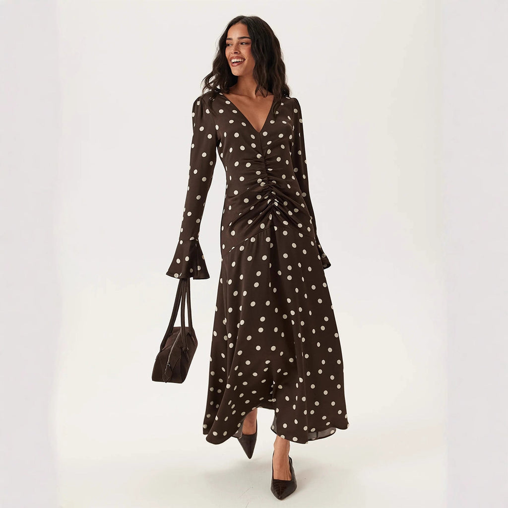 Vestido de verano de lunares con manga larga y escote en V plisado para mujer, vestido de cintura con mangas acampanadas