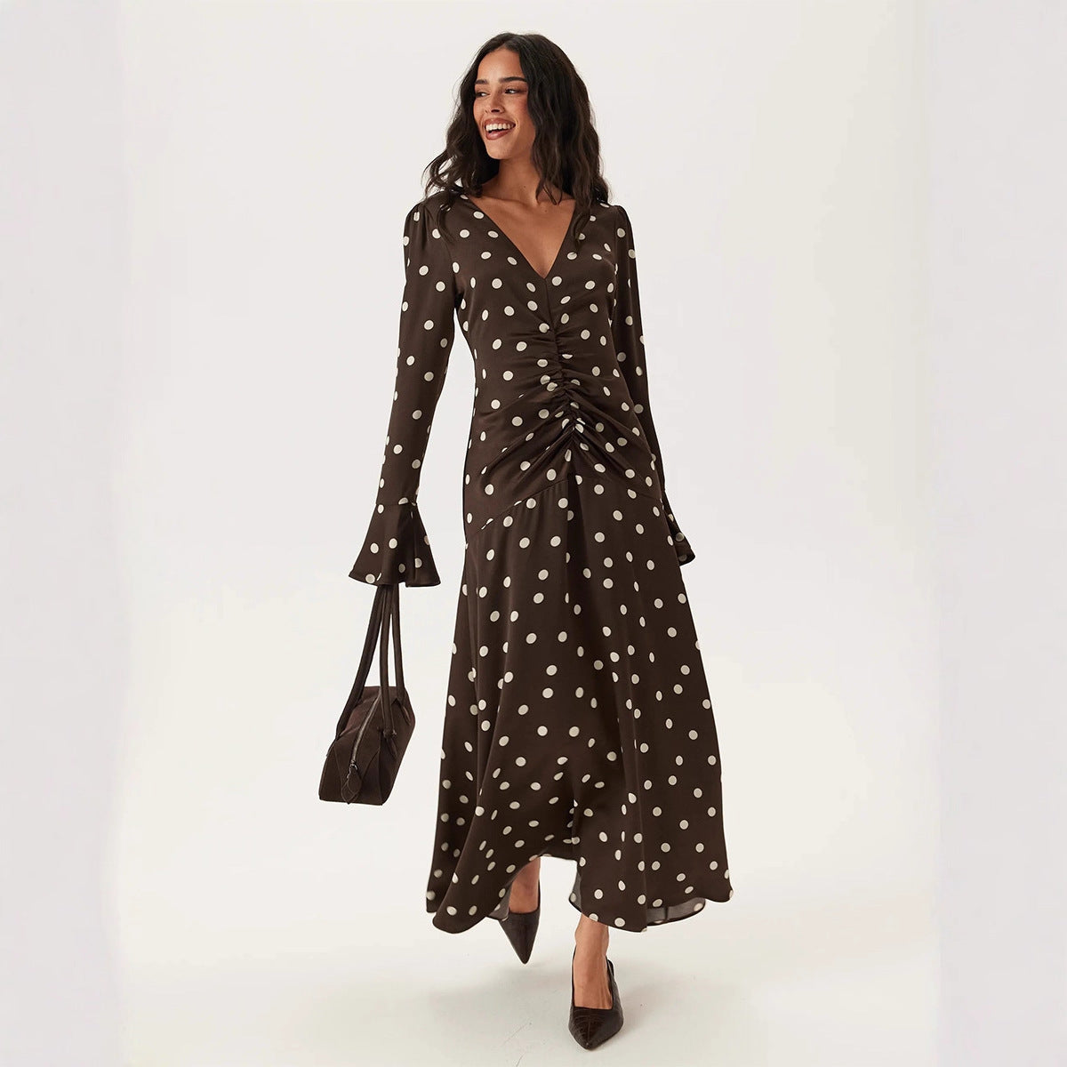 Vestido de verano de lunares con manga larga y escote en V plisado para mujer, vestido de cintura con mangas acampanadas