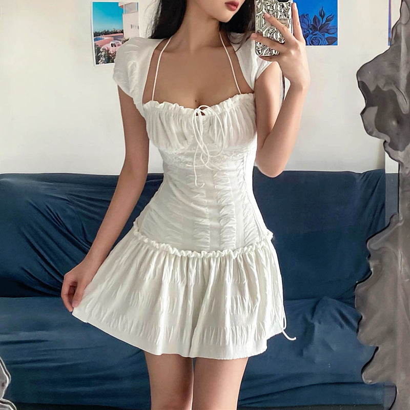 Vestido plisado de manga corta con cuello halter, cuello cuadrado, corte bajo, estilo francés, sexy, de verano para mujer